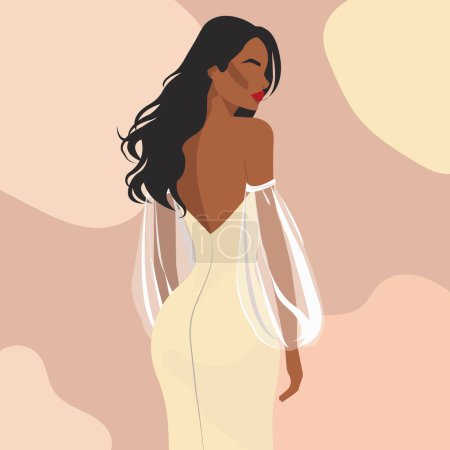 Illustration for Vector flat fashion illustration of a young African woman wearing an elegant backless dress. Back view. - Royalty Free Image