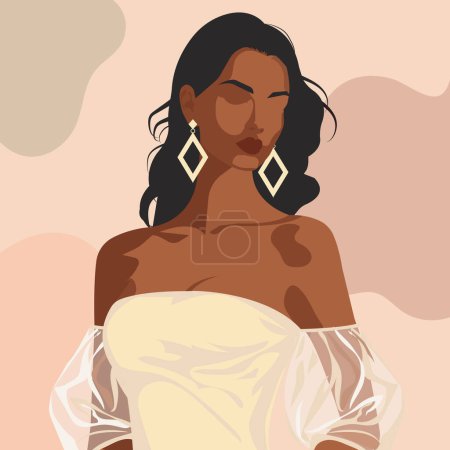 Ilustración de Ilustración de moda plana vectorial de una hermosa novia africana con una cara abstracta en delicados tonos naturales. - Imagen libre de derechos