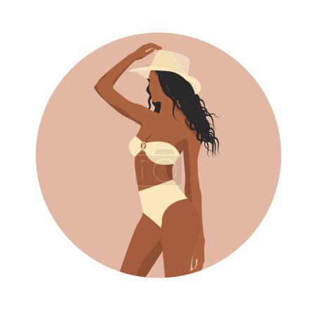 Ilustración de moda plana vectorial de una hermosa mujer africana en un sombrero y un traje de baño elegante sobre un fondo abstracto en tonos naturales.