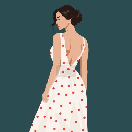 Ilustración de Ilustración de moda plana vectorial de una hermosa mujer joven que lleva un vestido sin espalda elegante con estampado de lunares. Vista trasera. - Imagen libre de derechos