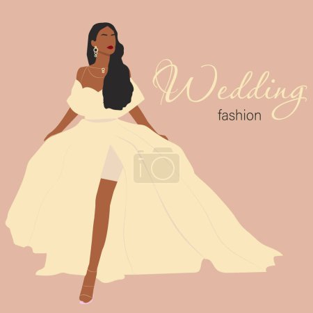 Illustration for Vector flat fashion illustration of a beautiful young African bride in a luxurious wedding dress. - Royalty Free Image