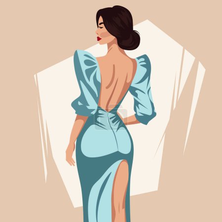 Ilustración de Ilustración de moda plana vectorial de una joven mujer sexy en un elegante vestido azul sin espalda, con mangas voluminosas y una hendidura en la pierna. Vista trasera. - Imagen libre de derechos