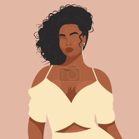 Illustration for Vector flat faceless portrait of a curvy sexy African woman with curly hair. Stylish illustration in neutral natural shades. - Royalty Free Image