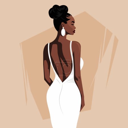 Illustration for Vector flat fashion illustration of a beautiful sexy African woman in an elegant white backless dress. Back view. - Royalty Free Image