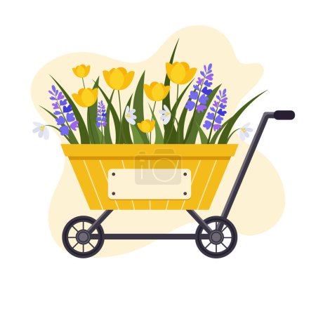 Illustration for Vector flat illustration of a yellow garden wheelbarrow with spring flowers. Any text can be placed on the sign. - Royalty Free Image
