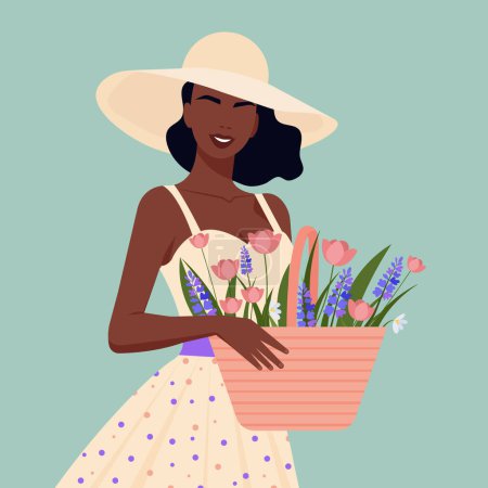 Vector flat illustration of a beautiful afro girl in an elegant dress and hat with a basket of fresh flowers in her hands.