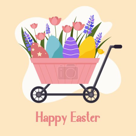Illustration for Vector flat illustration of a pink garden wheelbarrow with spring flowers and colorful Easter eggs. - Royalty Free Image