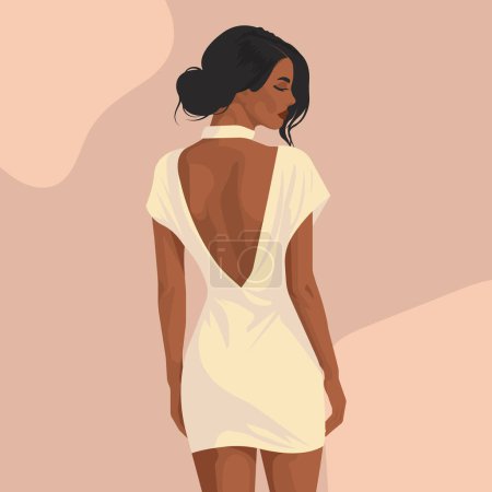 Vector fashion illustration of a beautiful sexy African woman in an elegant backless dress. Back view.