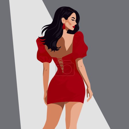 Vector fashion illustration of a sexy young girl of European appearance in a fashionable red backless dress with voluminous sleeves. Back view.