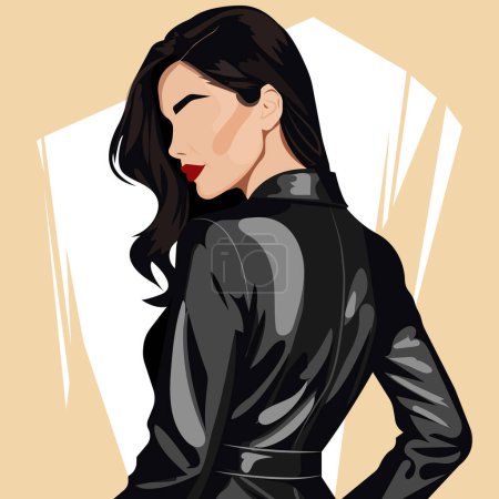 Vector fashion illustration of a beautiful young woman in a leatherette raincoat. Back view.