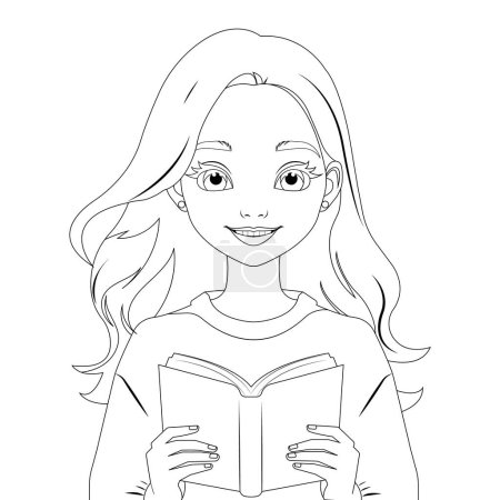 Ilustración de Ilustración de contorno vectorial, página para colorear de una linda chica de dibujos animados sosteniendo un libro en sus manos. - Imagen libre de derechos