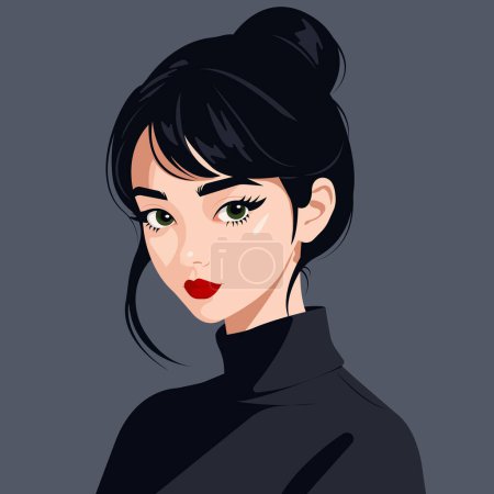 Vector cartoon portrait of a pretty young brunette woman in a black sweater.