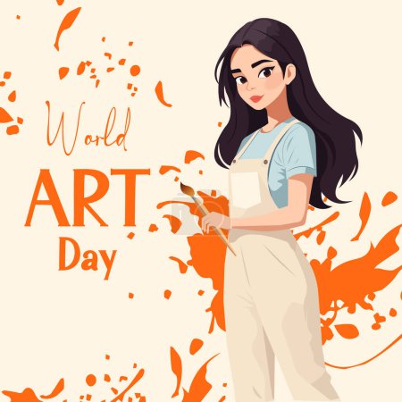 Vector cartoon illustration for world art day with abstract paint splatters and a cute girl artist with a brush in her hand.