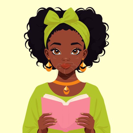  Retrato de dibujos animados vectorial de una linda chica africana con un libro abierto en sus manos.