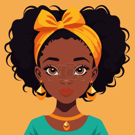 Retrato de dibujos animados vectoriales de una linda chica africana en ropa tradicional, con pelo rizado y una diadema.