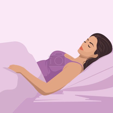 Vektorflache Illustration eines schönen schlafenden jungen Mädchens in bequemer Heimkleidung in einem bequemen Bett.