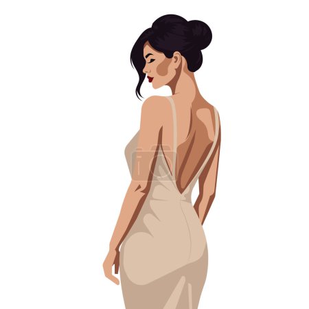 Ilustración de Ilustración de moda plana vectorial de una chica sexy joven en un vestido sin espalda elegante. Vista trasera. - Imagen libre de derechos