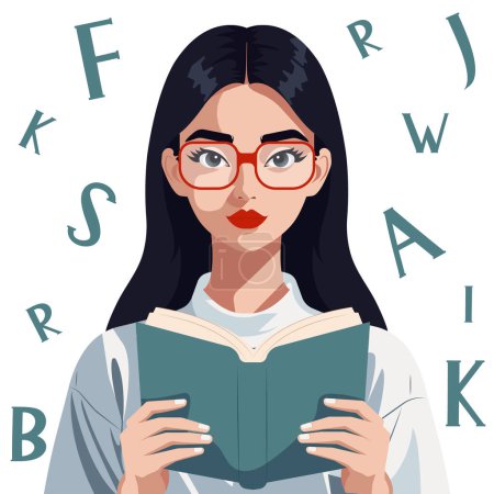 Illustration for Vector flat cartoon illustration of a young pretty woman in glasses holding an open book in her hands. - Royalty Free Image