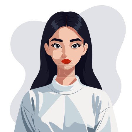 Vector portrait of a serious young girl of European appearance with clear skin and long dark hair.