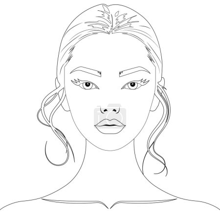 Vector contour hand drawing of the face of a beautiful young woman of European appearance, full face.