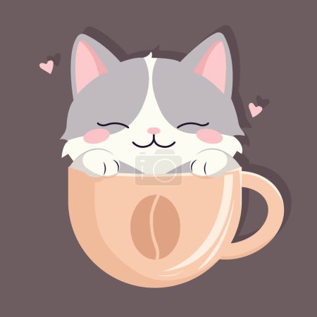 Vector illustration of a cartoon sleepy cute kitten in a large cup of coffee in kawaii style.