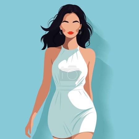 Vector flat fashion illustration of a beautiful sexy woman with an abstract face in an elegant white dress made of fine fabric.