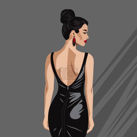 Vector flat fashion illustration of a young sexy woman in an elegant backless dress made of leatherette. Back view.