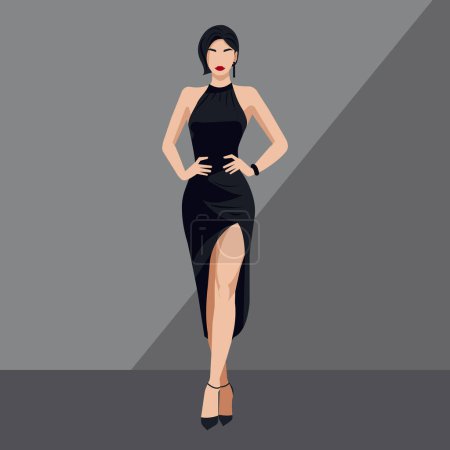 Vector flat fashion illustration of a beautiful sexy woman with an abstract face in an elegant black dress with bare shoulders and a slit on the leg.