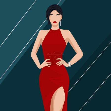 Vector flat fashion illustration of a beautiful sexy woman with an abstract face in an elegant red dress with a slit on the leg.