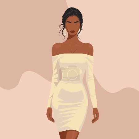 Ilustración de moda plana vectorial de una sexy joven africana con cara abstracta en un elegante vestido blanco con mangas largas y hombros desnudos. Arte con estilo en tonos naturales