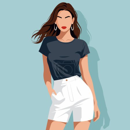 Vector flat fashion illustration of a modern sexy young woman with an abstract face in a t-shirt and shorts.