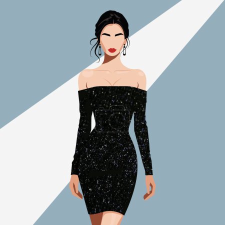 Vector fashion illustration of a sexy young woman with an abstract face in an elegant shiny black dress with long sleeves and bare shoulders.