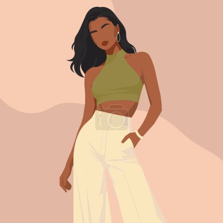 Vector flat fashion illustration of a beautiful sexy young African woman wearing a crop top and high waist wide leg pants. Illustration in natural pastel shades.