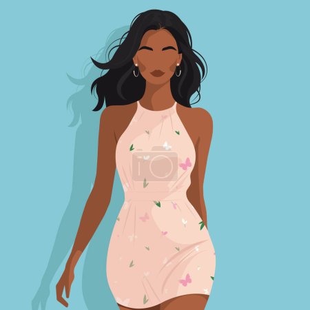 Vector flat fashion illustration of a beautiful young African woman in a stylish floral print dress.