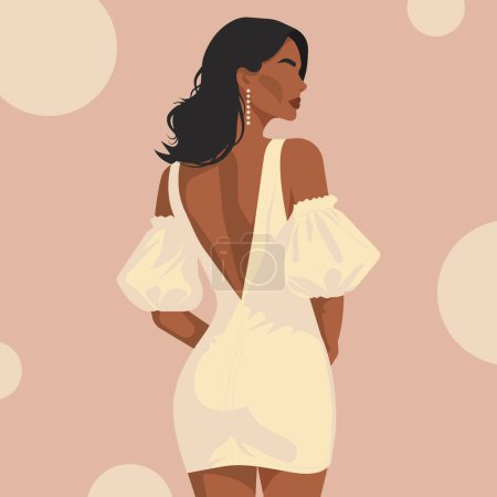Vector flat fashion illustration of a beautiful young African woman in an elegant white backless dress. Back view.
