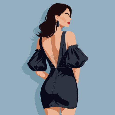Vector flat fashion illustration of a beautiful young woman in an elegant backless dress. Back view.