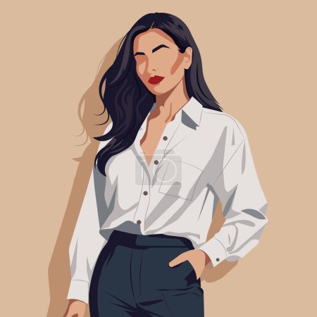 Vector flat fashion illustration of a young woman with an abstract face wearing a classic white shirt and dark trousers. Modern woman boss.