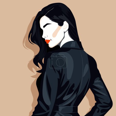Vector flat faceless portrait of a serious young woman in a black cloak. Back view.