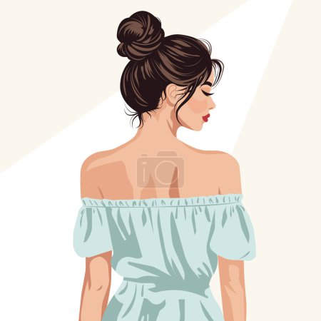 Ilustración de moda plana vectorial de una joven hermosa con un moño desordenado de pelo en la cabeza, con un vestido elegante con hombros desnudos. Vista trasera.