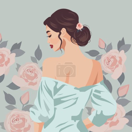 ector flat fashion illustration of a young beautiful woman with a messy bun and a flower on her head, wearing an elegant dress with bare shoulders on a floral background. Back view.