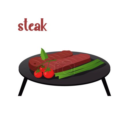 Ilustración vectorial de un bistec apetitoso con tomates y cebollas en un gran plato de camping.