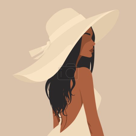 Ilustración de moda plana vectorial de una hermosa joven africana que lleva un vestido negro sin espalda y un sombrero elegante. Arte contemporáneo en tonos naturales apagados.