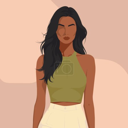 Illustration for Vector flat fashion illustration of a beautiful sexy young African woman wearing a crop top and high waist wide leg pants. Illustration in natural pastel shades. - Royalty Free Image