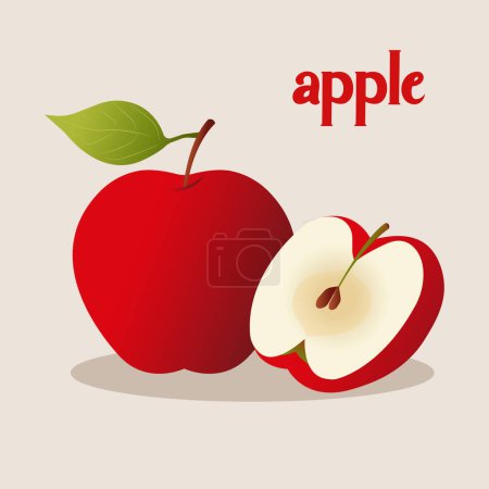 Gradiente vectorial ilustración de una deliciosa manzana roja entera con hojas verdes y cortada la mitad de la fruta.