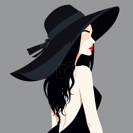 Vector flat fashion illustration of a beautiful young girl wearing a backless black dress and a stylish hat.