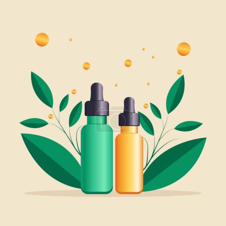  Vector gradient illustration of two bottles with a cosmetic product made from natural ecological ingredients.