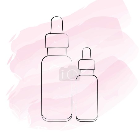 Umriss Illustration von zwei Kosmetikflaschen mit einem Tropfer auf zartem rosa Aquarell Hintergrund.