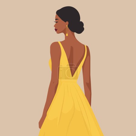Ilustración de moda plana vectorial de una joven mujer africana hermosa en un vestido sin respaldo amarillo con estilo. Vista trasera.