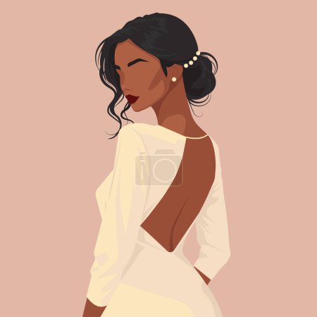 Illustration de mode vectorielle personnalisée d'une belle jeune mariée africaine au visage abstrait dans une élégante robe de mariée sans dos. Vue de derrière. Art élégant dans des tons neutres.