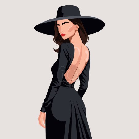 Individuelle Vektor-Modeillustration einer schönen jungen Frau mit abstraktem Gesicht, die ein elegantes schwarzes rückenloses Kleid und einen modischen Hut trägt. Rückseite.